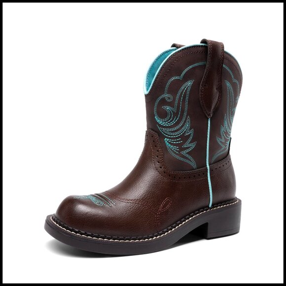 Round Toe Embroidered Mid Calf Western Boots Slip On Work Casual